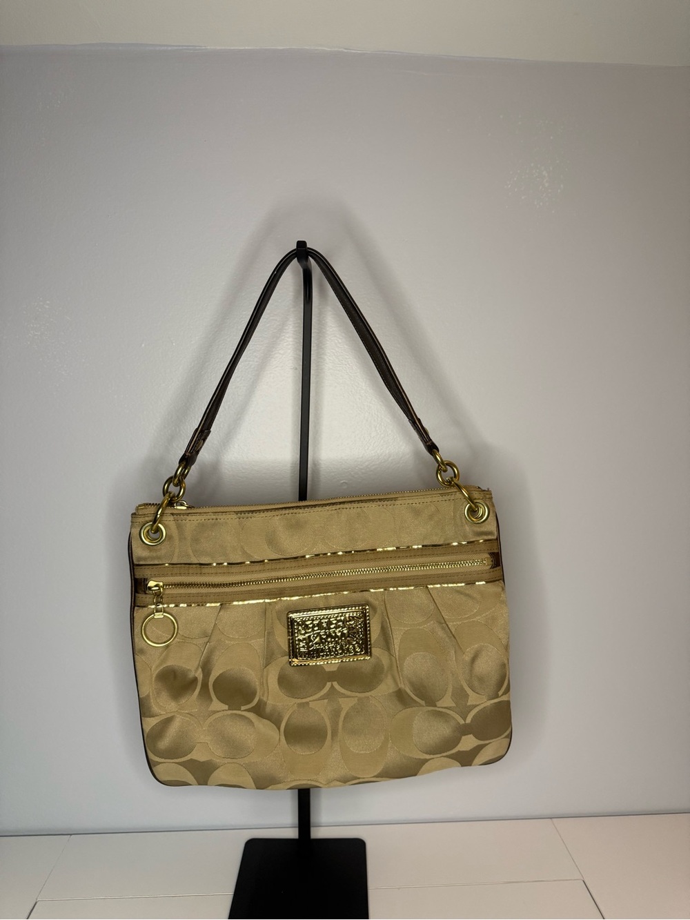 Coach Poppy Tan and Gold Signature Jacquard Shoulder Bag